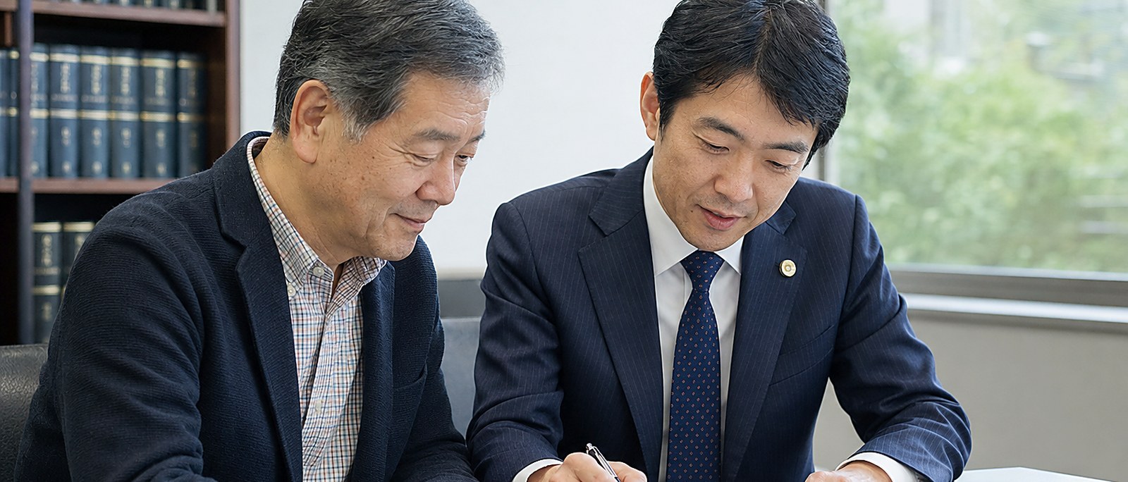応接室において、弁護士と依頼者が並んで書面を確認し、署名している場面