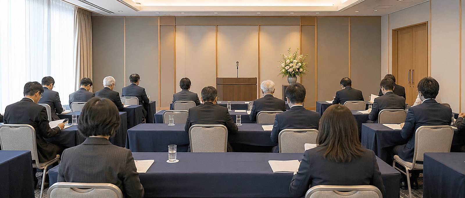 株主総会の会場において、株主が着席し議事が進行している場面