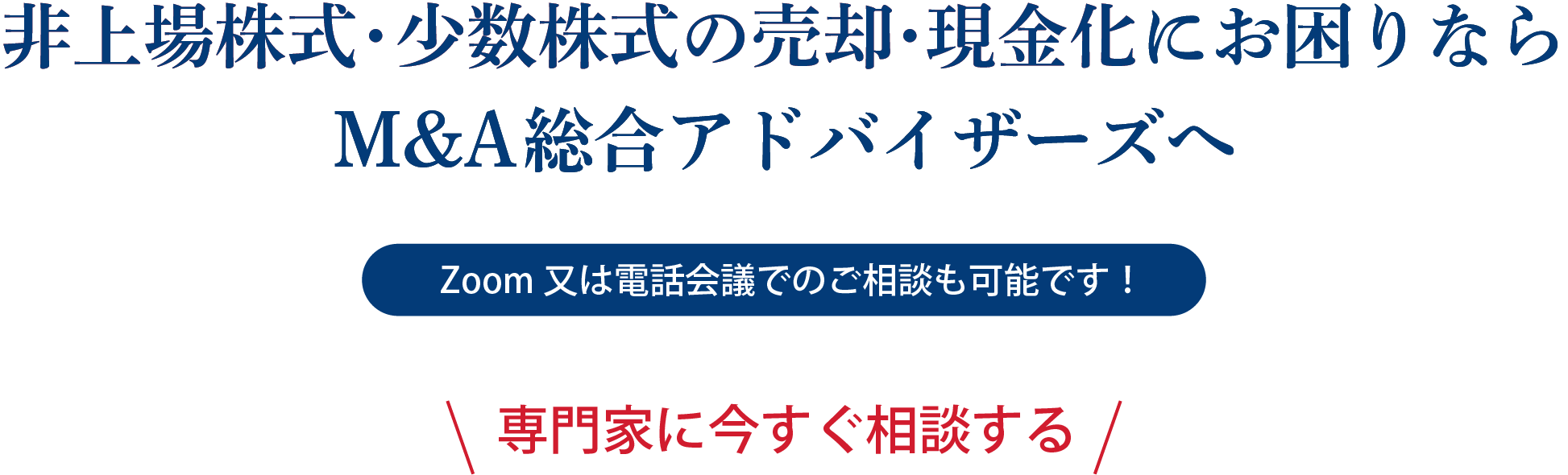 非上場株式・少数株式の売却・現金化にお困りなら
M&A総合アドバイザーズへ Zoom又は電話会議でのご相談も可能です！ 専門家に今すぐ相談する