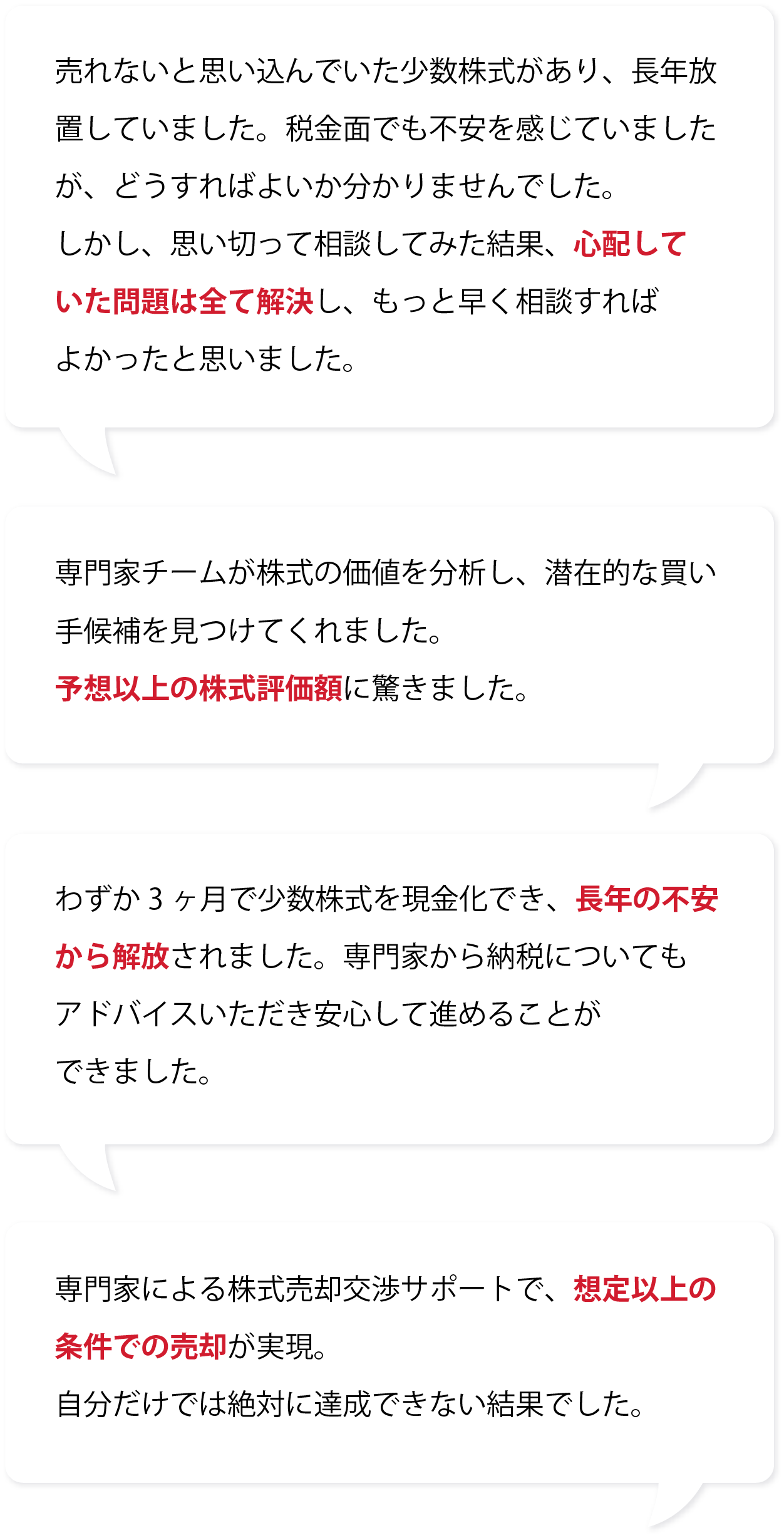 売れないと思い込んでいた少数株式があり、長年放置していました。税金面でも不安を感じていましたが、どうすればよいか分かりませんでした。しかし、思い切って相談してみた結果、心配していた問題は全て解決し、もっと早く相談すればよかったと思いました。
            専門家チームが株式の価値を分析し、潜在的な買い手候補を見つけてくれました。予想以上の株式評価額に驚きました。
            わずか3ヶ月で少数株式を現金化でき、長年の不安から解放されました。専門家から納税についても
アドバイスいただき安心して進めることができました。
専門家による株式売却交渉サポートで、想定以上の条件での売却が実現。
自分だけでは絶対に達成できない結果でした。